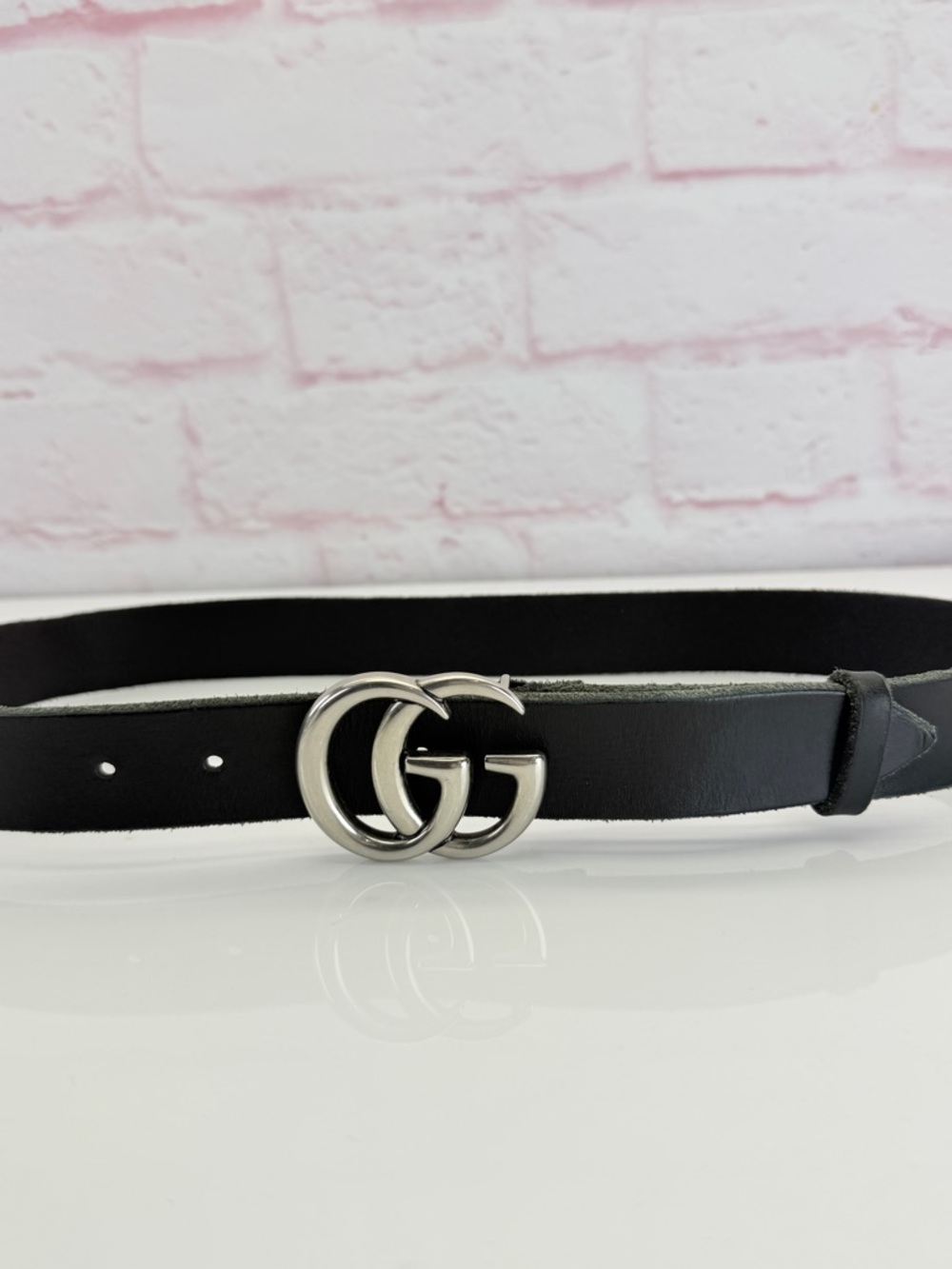 Authentic Gucci Black Raw Edge Leather Marmont Belt Silver Buckle 414516 85/34 - Picture 2 of 12